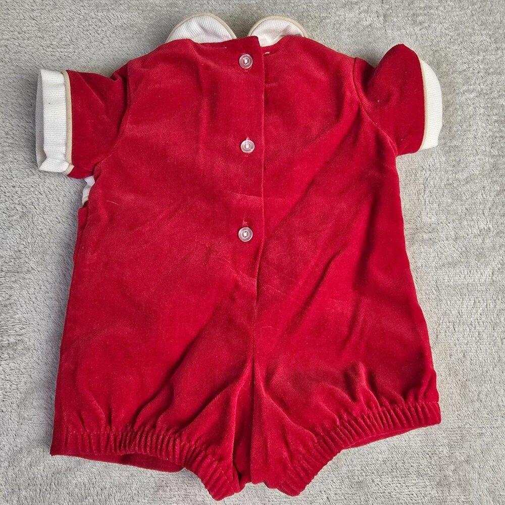 Vintage Fawn Togs Baby Romper 6M Red Velour Teddy Toy Cars USA 70s 80s One Piece - Picture 3 of 8